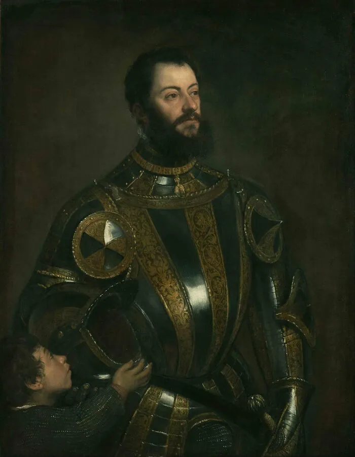 Portrait of Alfonso d'Avalos, Marquis of Vasto, in Armor with a Page by Titian, 1533, oil painting