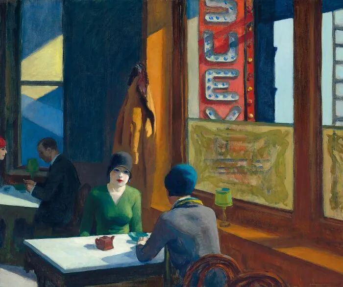 Chop Suey by Edward Hopper, 1929, oil painting  portrays two women in conversation at a restaurant