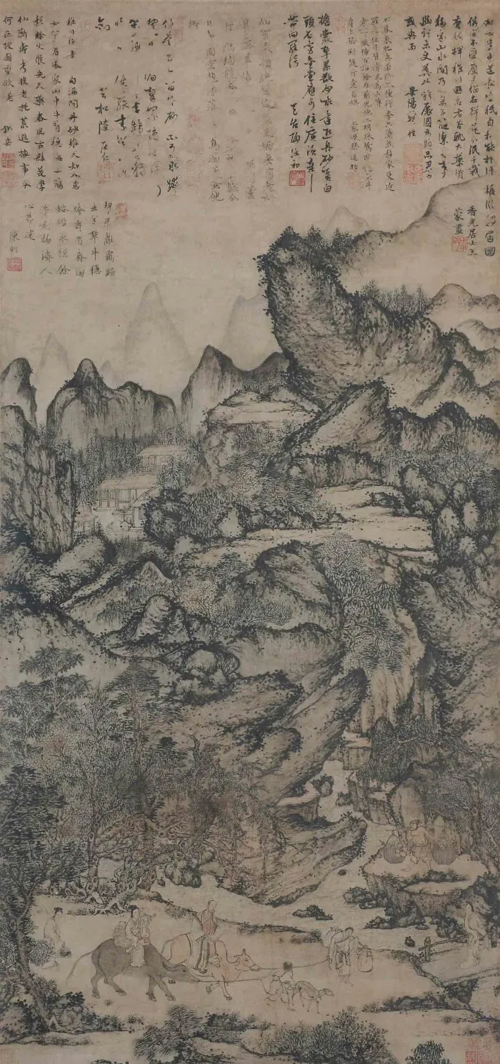 Zhichuan Resettlement by Wang Meng, 1350, hanging scroll; color on paper, painting of mountains and waters