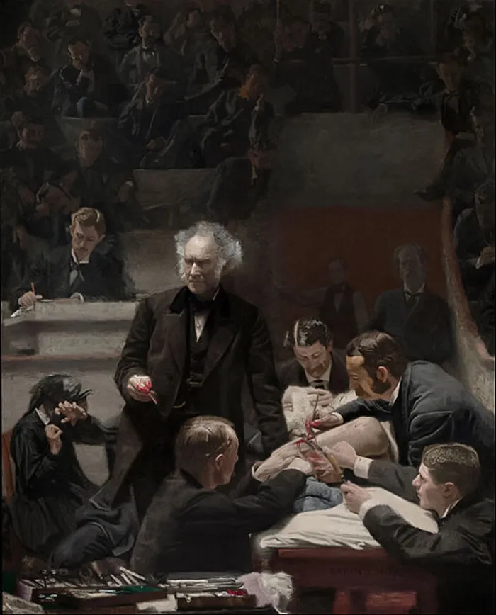 The Gross Clinic by Thomas Eakins, 1875 oil painting depicts Dr. Samuel D. Gross, a seventy-year-old professor dressed in a black frock coat, lecturing a group of Jefferson Medical College students
