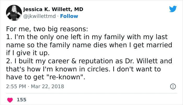 "I'd Really Like To Hear The Reasoning Behind Women Who Won't Take Their Husband's Last Name" (28 Answers)