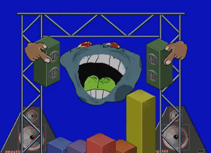 Digital image from HORSE the band "Bunnies" music video - cartoon face with speakers on blue background