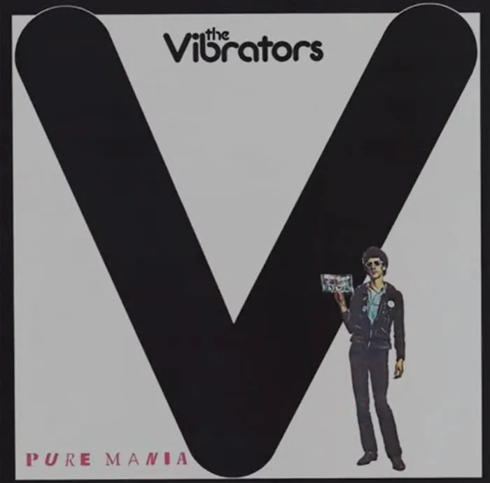 The Vibrators – Pure Mania album cover - big black rounded v letter and a man standing near