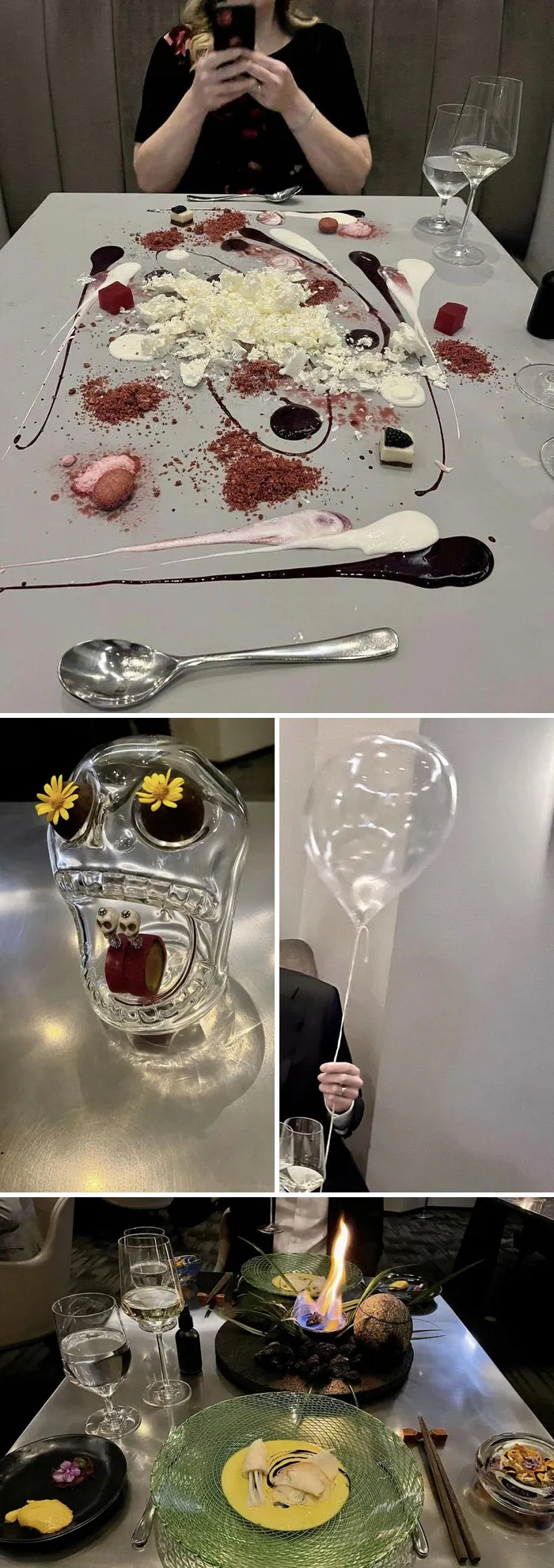 Comimos en el restaurante Alinea de Chicago, galardonado con tres estrellas Michelin. Postres pintados en la mesa, globos comestibles, fuegos en la mesa... Es toda una experiencia