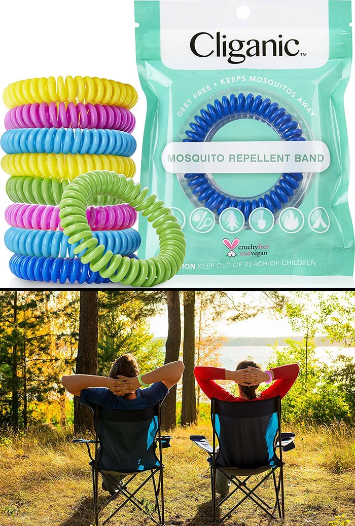 People sitting on the chairs wearing mosquito bracelets 