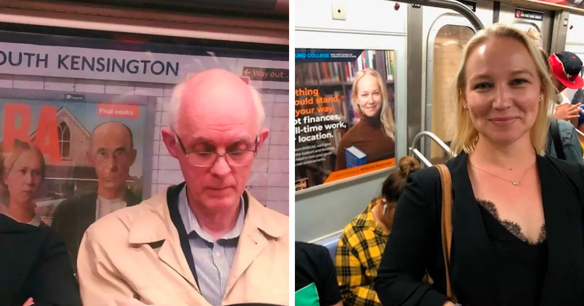 30 Sorprendentes y surrealistas "fallos en Matrix" con gente sentada bajo carteles del metro que se les parecen