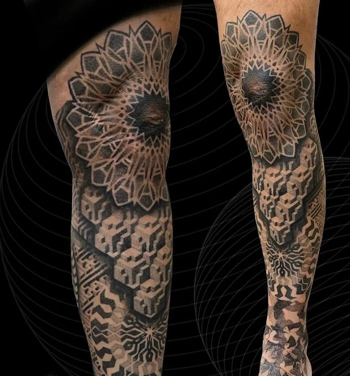 Epic optical illusion tattoo design on leg with intricate geometric patterns and detailed shading effects.