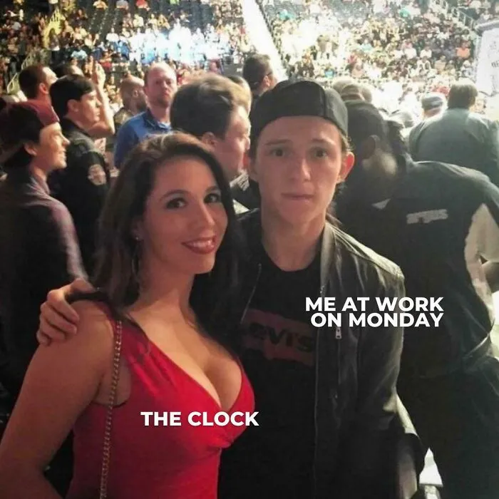 A man labeled "me at work on Monday" stands next to a woman labeled "the clock" in a crowded event setting, capturing a humorous Monday meme.