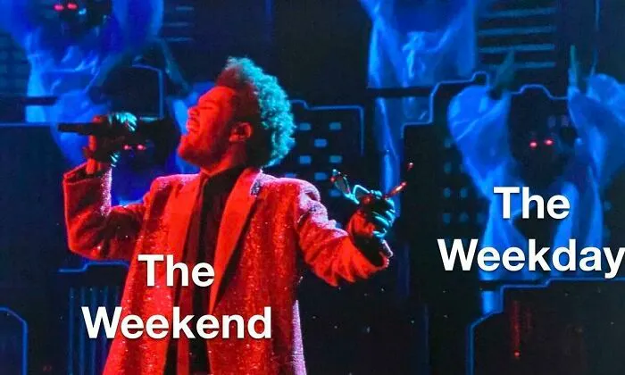 Performer singing energetically labeled "The Weekend" while shadowy figures labeled "The Weekday" loom behind, depicting Monday memes.