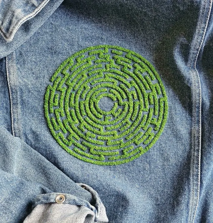 My Fingers Are Still Intact But Barely :) French Knot Labyrinth Pattern By Nomadembroideryco On The Back Of A Denim Jacket! Already Thinking About What To Add To It Next