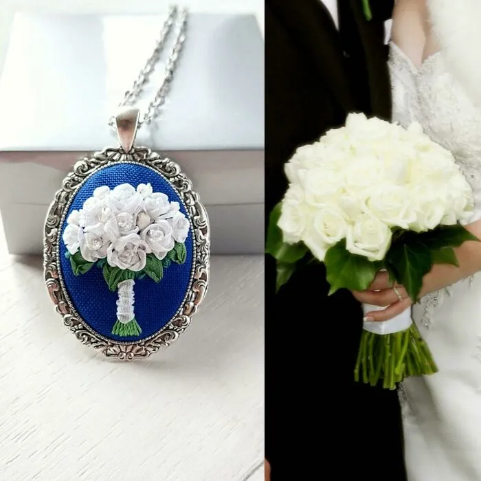 Miniature Custom Wedding Bouquet Embroidered With 2mm And 4 Mm Silk Ribbons