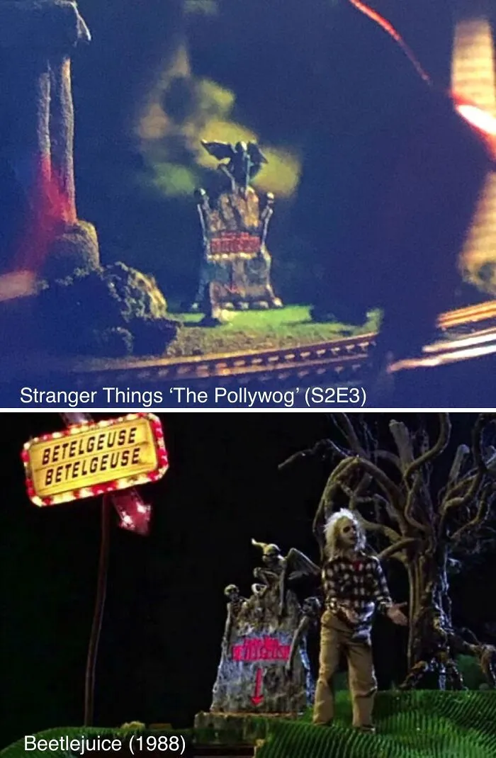 En el episodio de Stranger Things " Capítulo tres: El Renacuajo' (S2e3), si miras de cerca la maqueta de la ciudad del Sr. Clarke, puedes ver la lápida de Betelgeuse de Beetlejuice (1988)