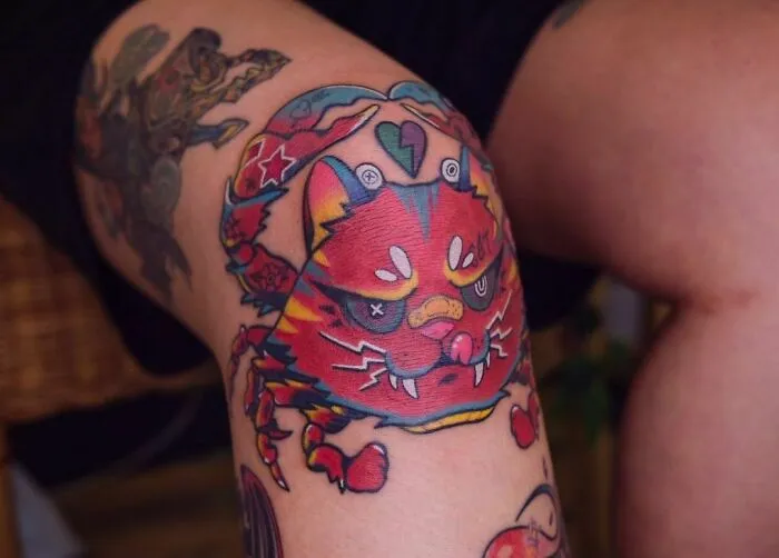Cat Crab Knee Tattoo