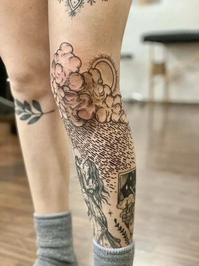 Clouds Knee Tattoo