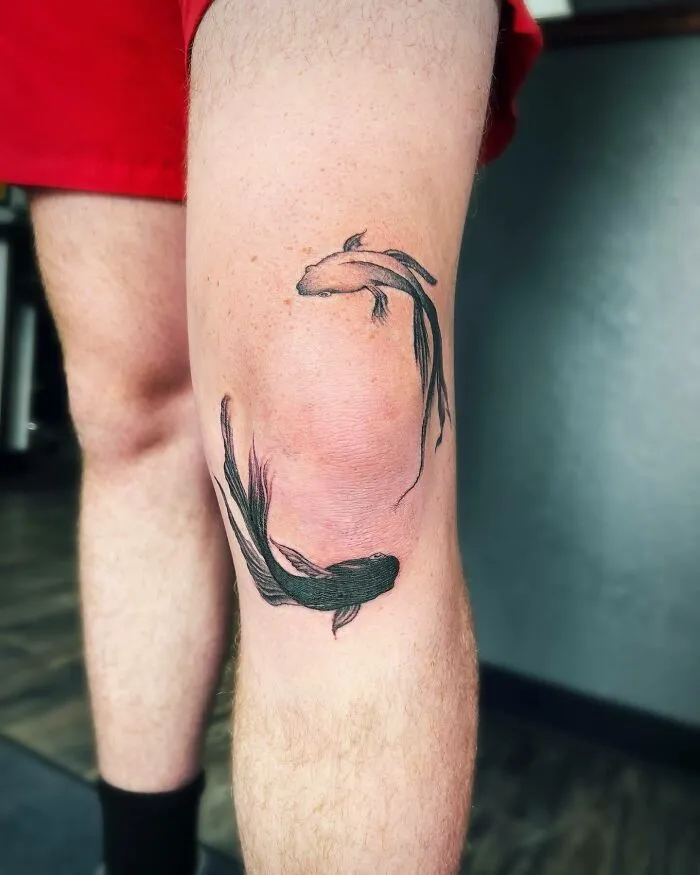 Knee tattoo featuring two koi fish, intricately designed around the kneecap.