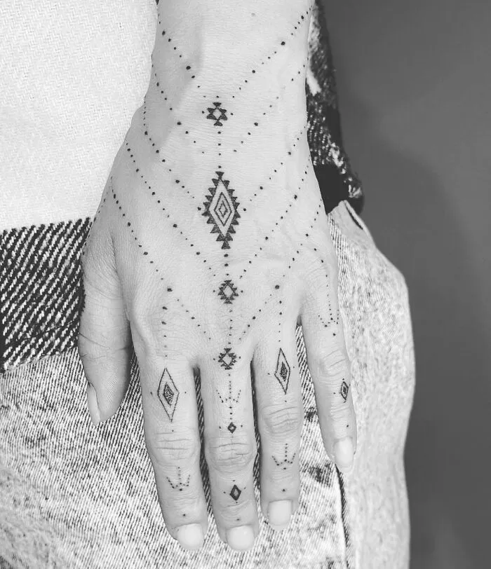 Geometric small hand tattoo on fingers and back of hand, showcasing intricate design patterns.