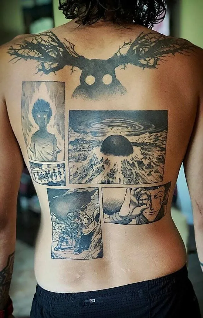 Anime tattoos on a person's back, featuring detailed scenes and characters, showcasing cool intricate designs.