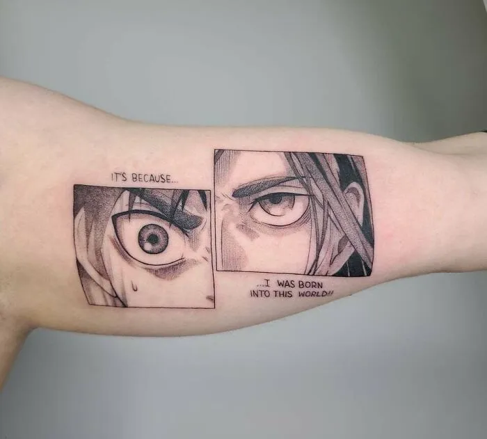 Anime tattoo featuring intense manga eyes, with text "It's because... I was born into this world" on a person's arm.