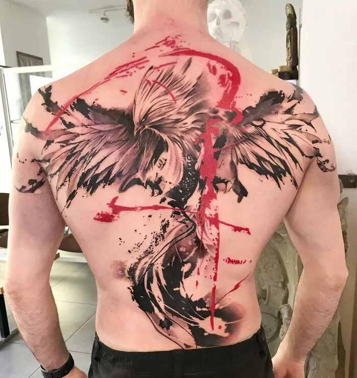 Trash Polka Phoenix Full Back Tattoo