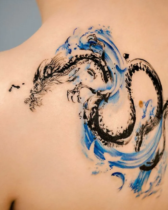 Black And Blue Ink Water Dragon
