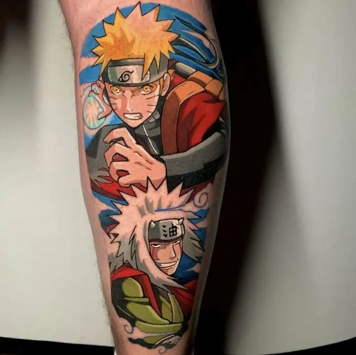 Anime tattoo featuring iconic characters in vibrant colors on a leg.