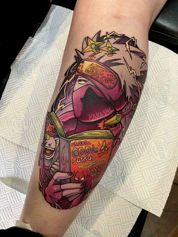 Colorful anime tattoo featuring a masked character holding a vibrant book, showcasing cool jutsu designs.