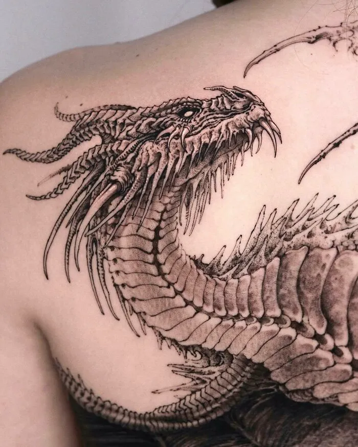 Black Ink Dragon Back Tattoo