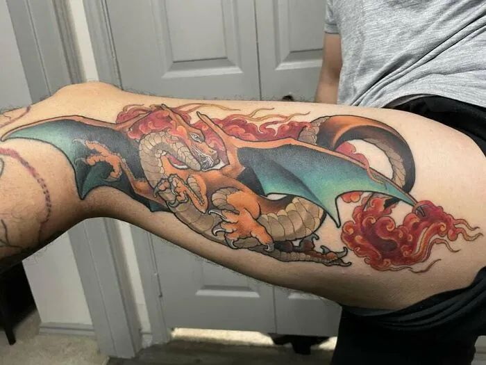 Charizard From Pokemon Thigh Tattoo