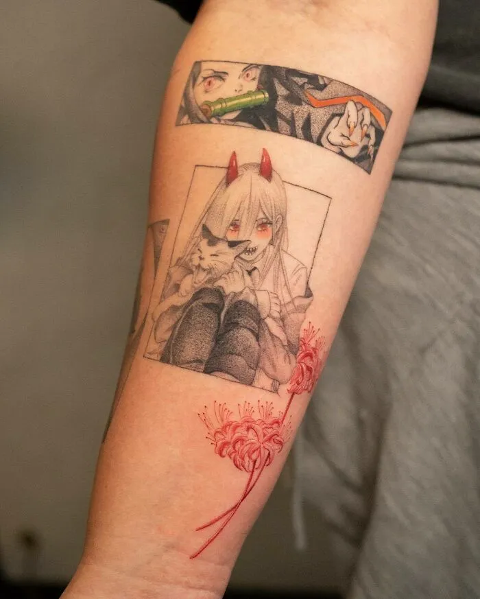 Nezuko From Demon Slayer And Power From Chainsaw Man Tattoo