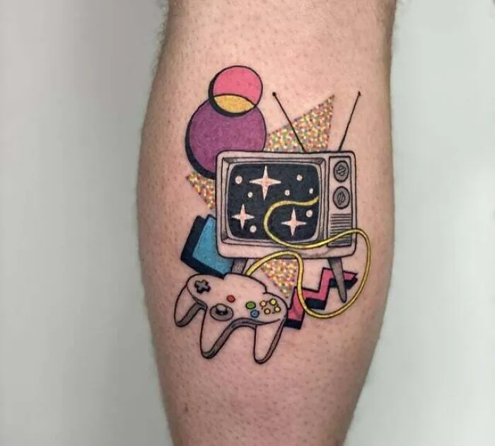A Retro N64  Leg Tattoo
