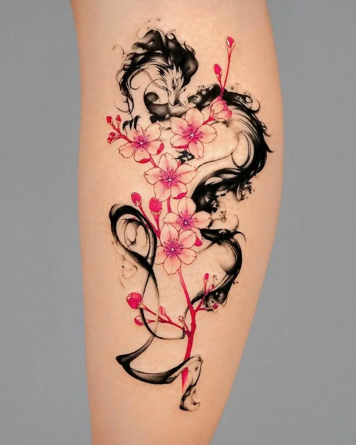 Brushstroke Black Ink Dragon With Pink Flowers