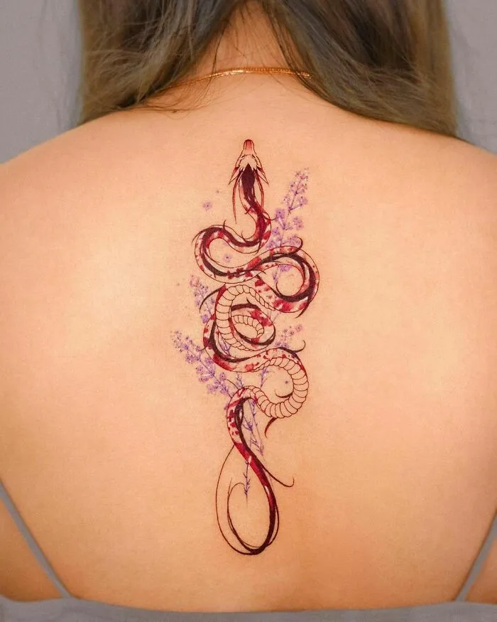 Red Dragon With Lavenders Tattoo