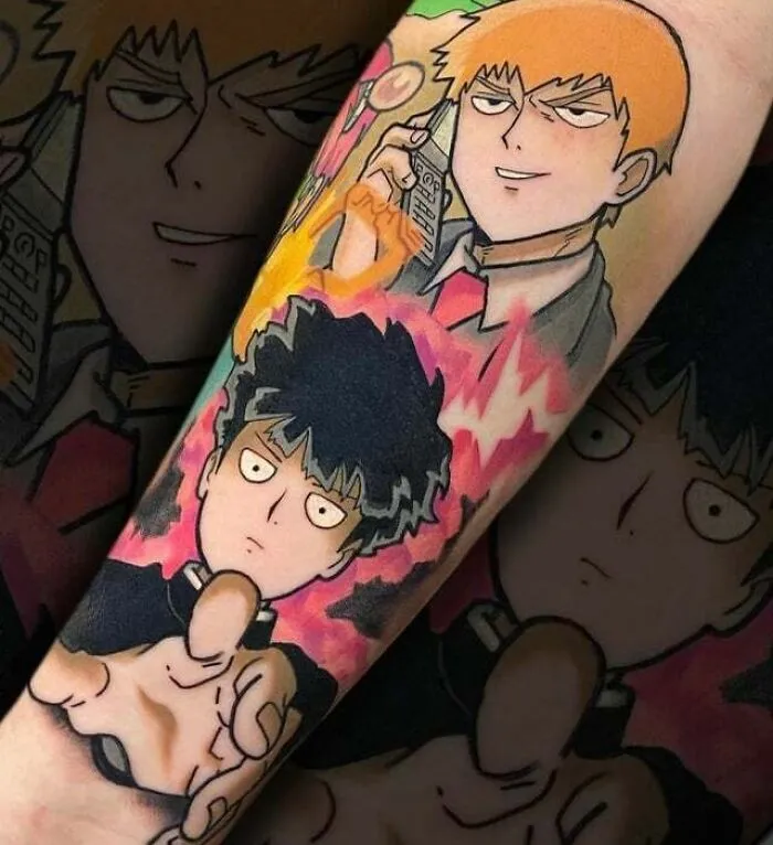 Anime tattoos featuring colorful characters on an arm, showcasing vibrant and bold designs.