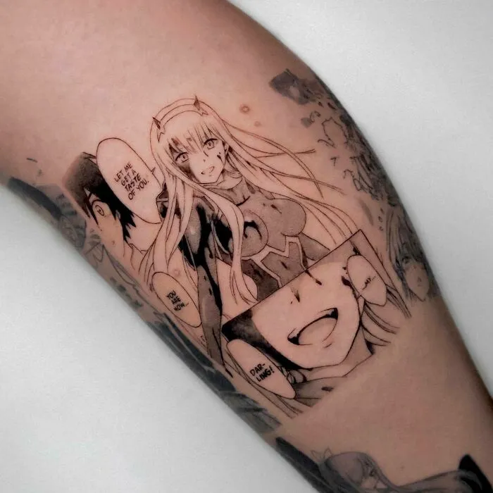 Anime tattoo on arm featuring detailed manga-style characters and speech bubbles.
