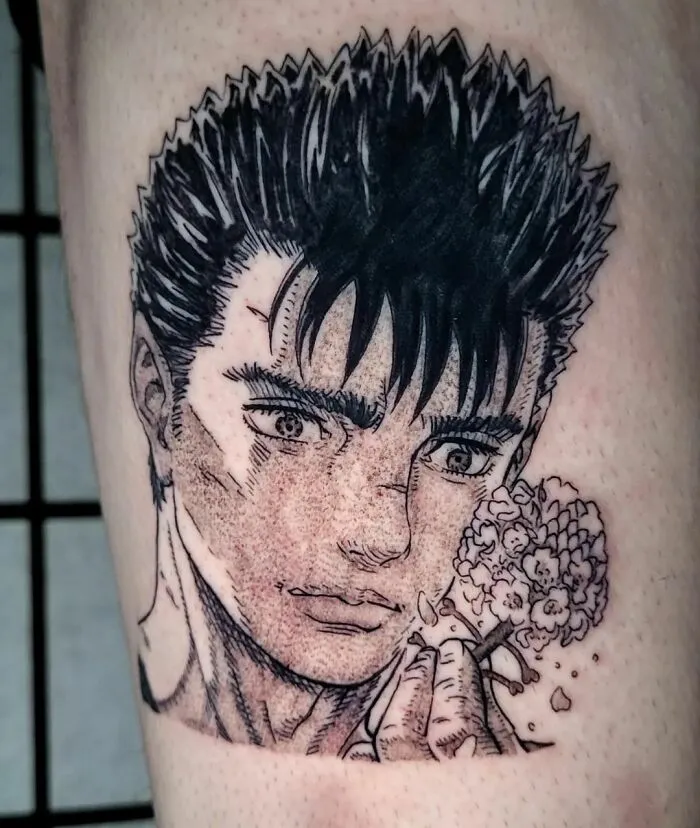 Detailed anime tattoo of a contemplative character holding flowers, showcasing intricate line work and shading.