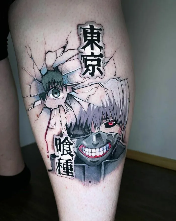 Anime tattoo with cracked glass effect, featuring a character with silver hair and kanji text.