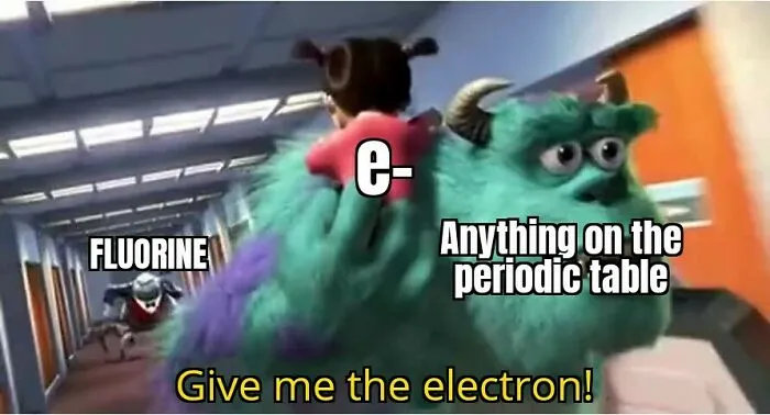 Fluorine chasing electron meme highlighting chemistry humor with periodic table reference.