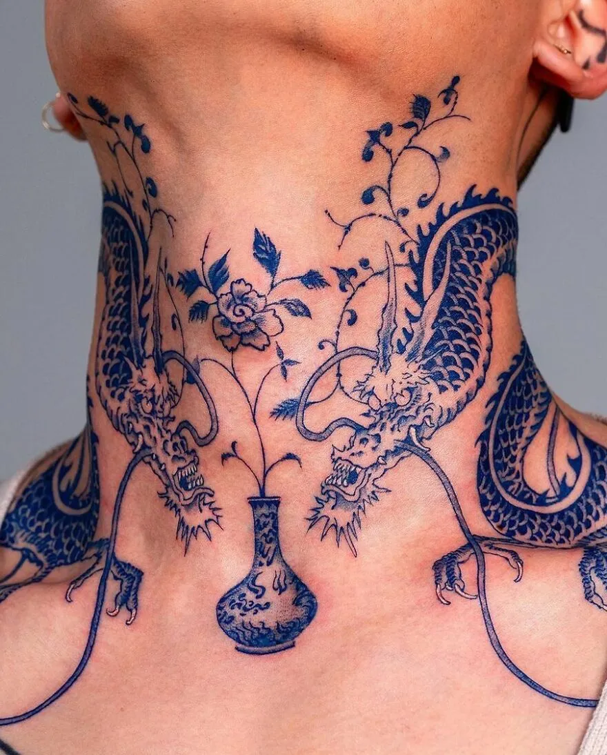 Blue Ink Dragon Neck Tattoo