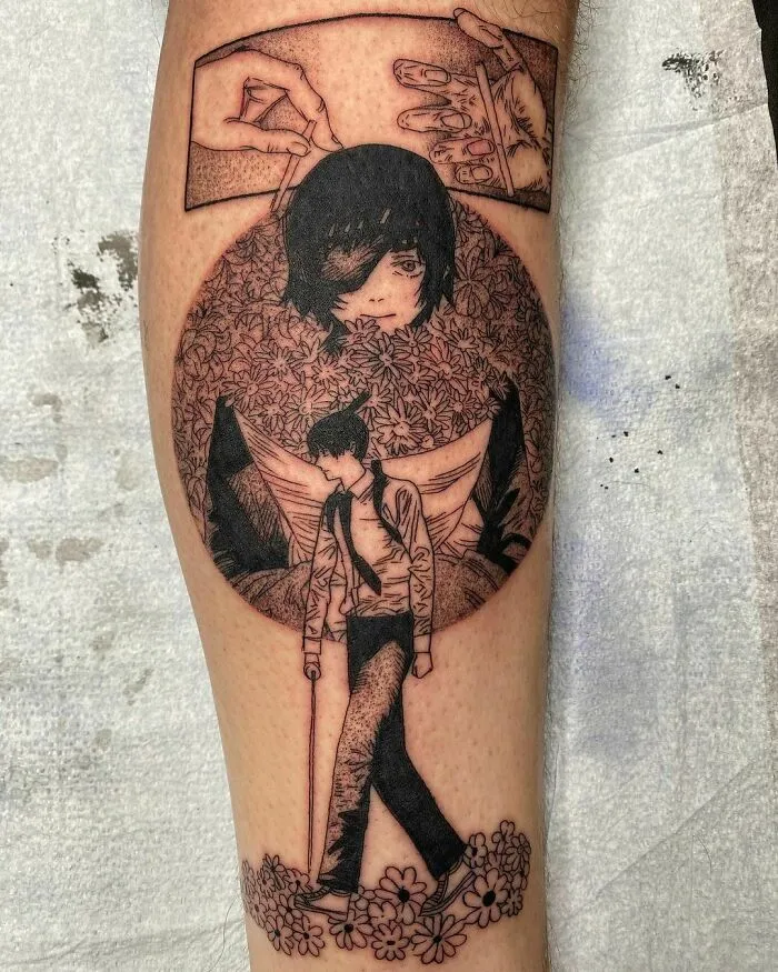 Anime tattoo featuring a stylized character with floral and artistic elements on an arm.
