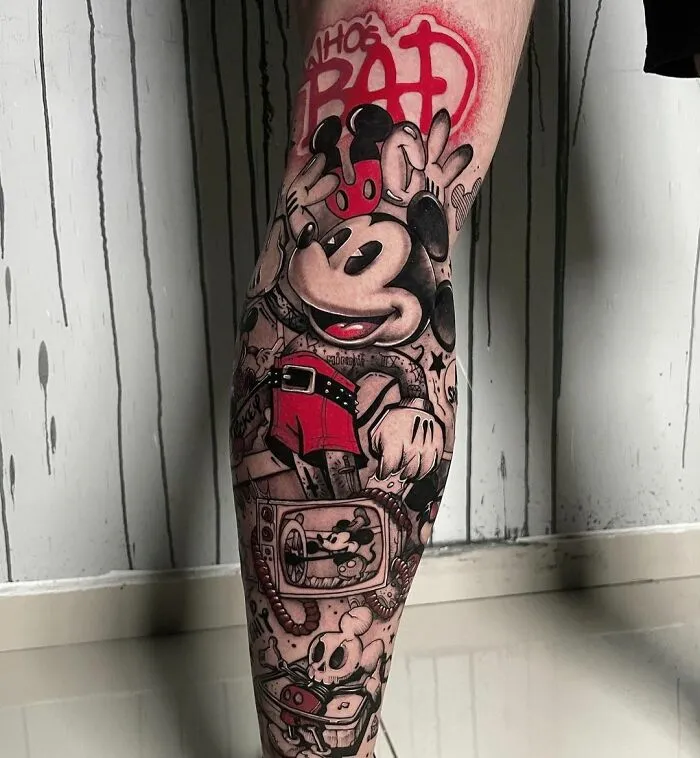 Mickey Trash Polka Style Tattoo On Leg