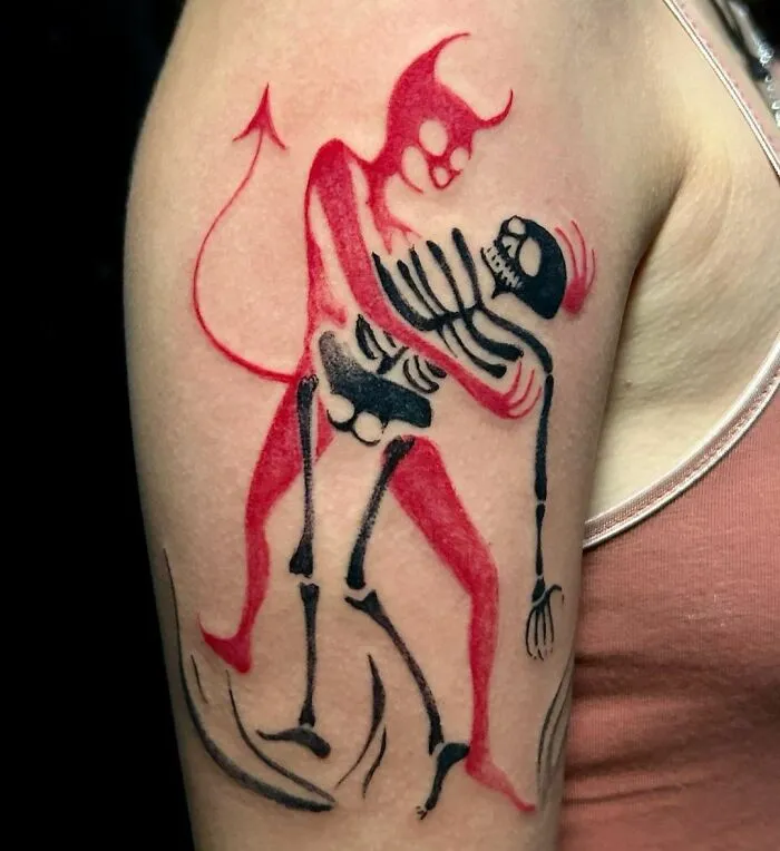 Red Devil And Black Skeleton Dance Tattoo