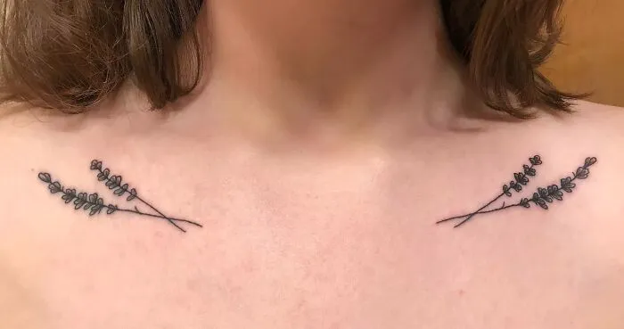 Lavender branch collarbone tattoos for men and women, minimalistic design.