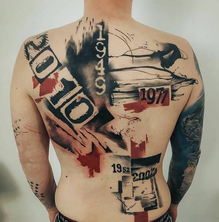 Trash Polka Back Tattoo With Numbers