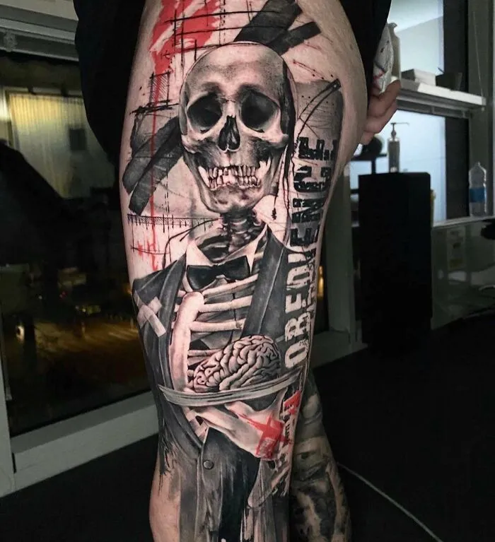 Realistic Trash Polka Skeleton Tattoo On Leg