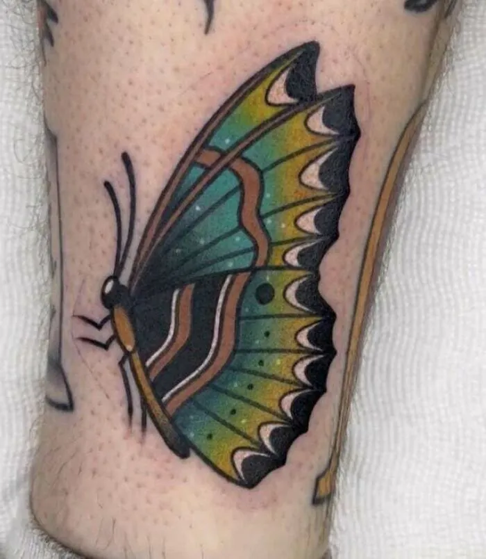 Colorful butterfly tattoo with intricate wing patterns on forearm.