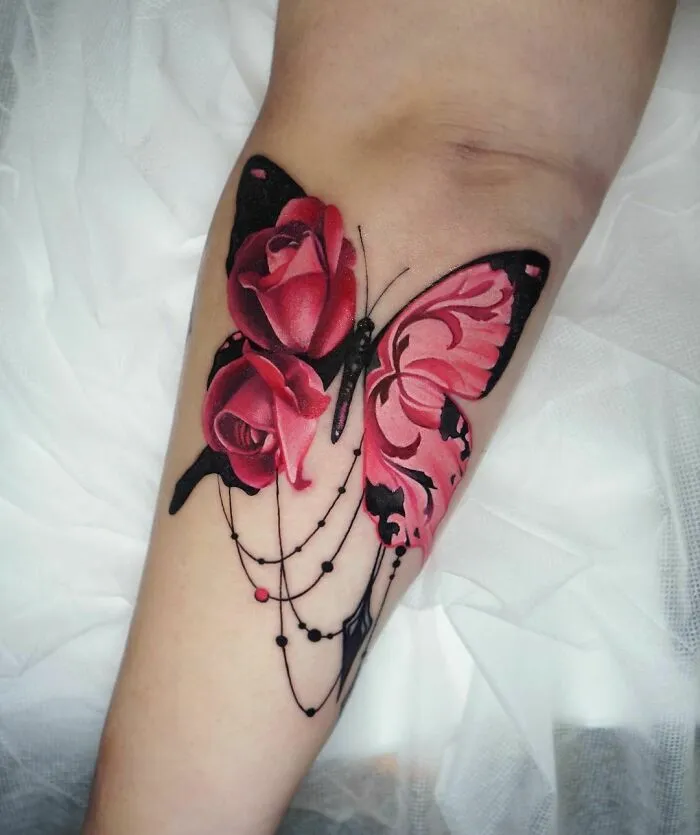 Pink Rose Butterfly Tattoo