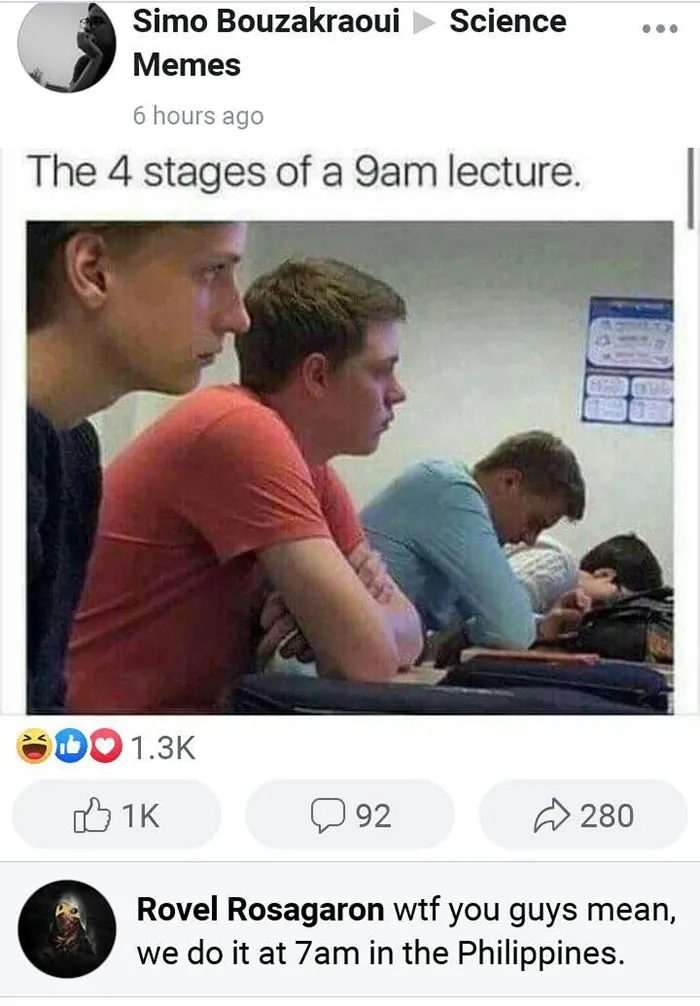 Students showing stages of boredom in a 9am lecture; part of science memes collection.