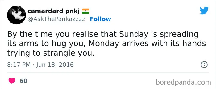 Tweet humorously comparing Sunday hugs and Monday struggles, related to Monday memes.