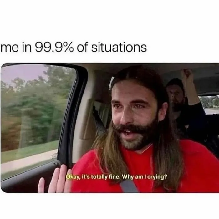 Man in red shirt in a car holding up hand with text about crying, funny relatable introvert meme on emotions.