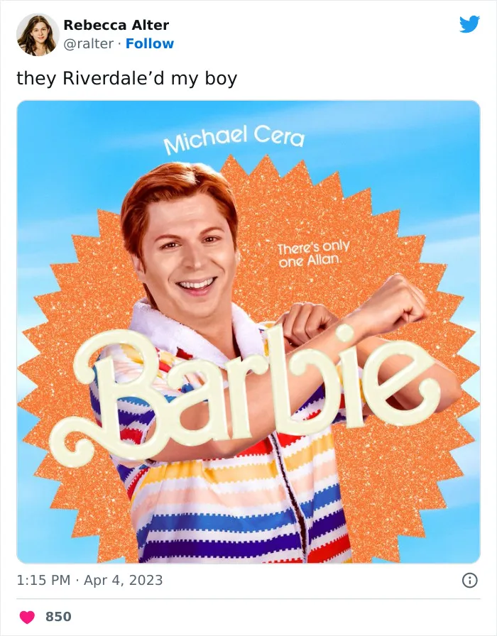 Character posing in a colorful "Barbie" meme with text overlay and vibrant background.